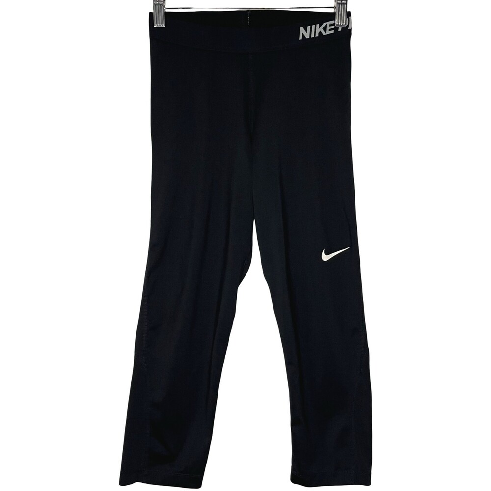 Nike Pro Cool Capri Leggings Womens Small Black Dri-Fit Spell Out Run Gym Train